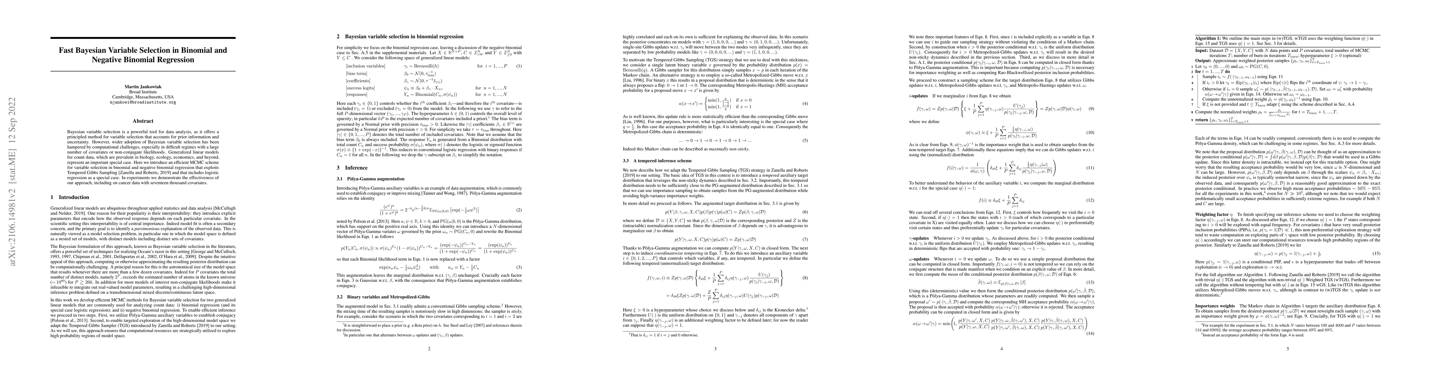 Thumbnail for Fast Bayesian Variable Selection in Binomial and Negative Binomial
  Regression