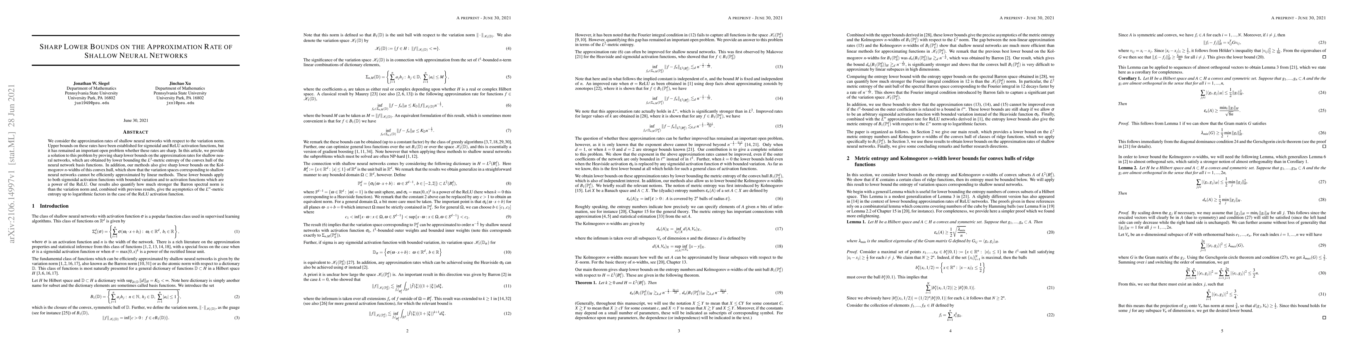 Thumbnail for Sharp Lower Bounds on the Approximation Rate of Shallow Neural Networks