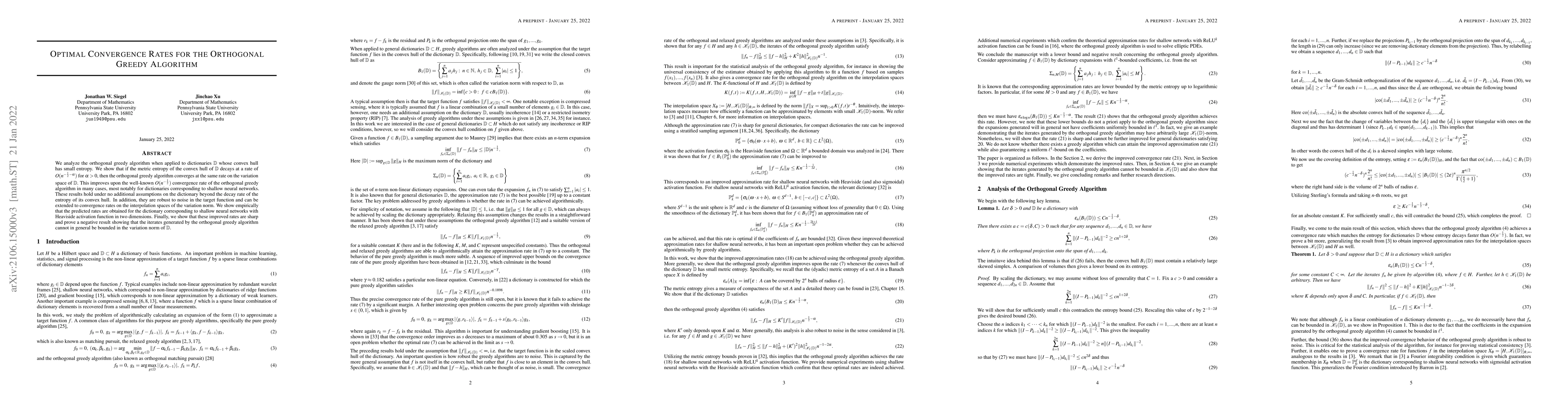 Thumbnail for Optimal Convergence Rates for the Orthogonal Greedy Algorithm