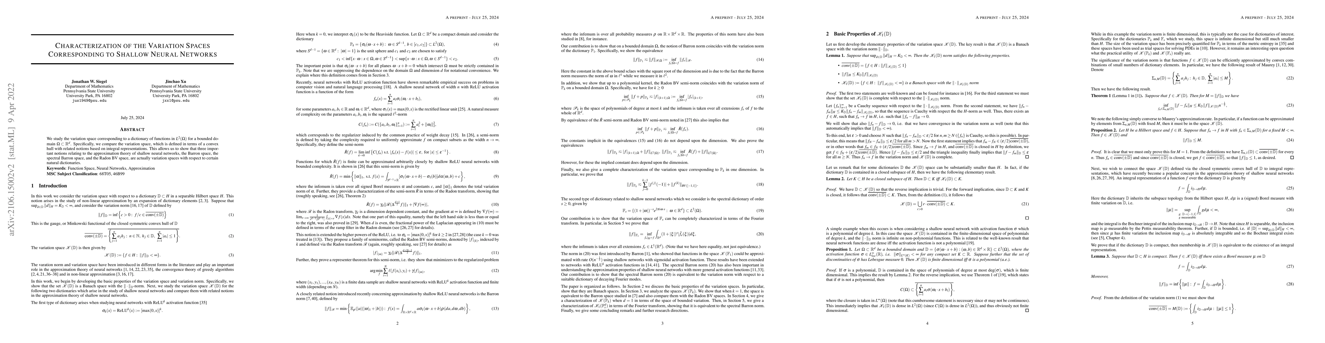 Thumbnail for Characterization of the Variation Spaces Corresponding to Shallow Neural
  Networks