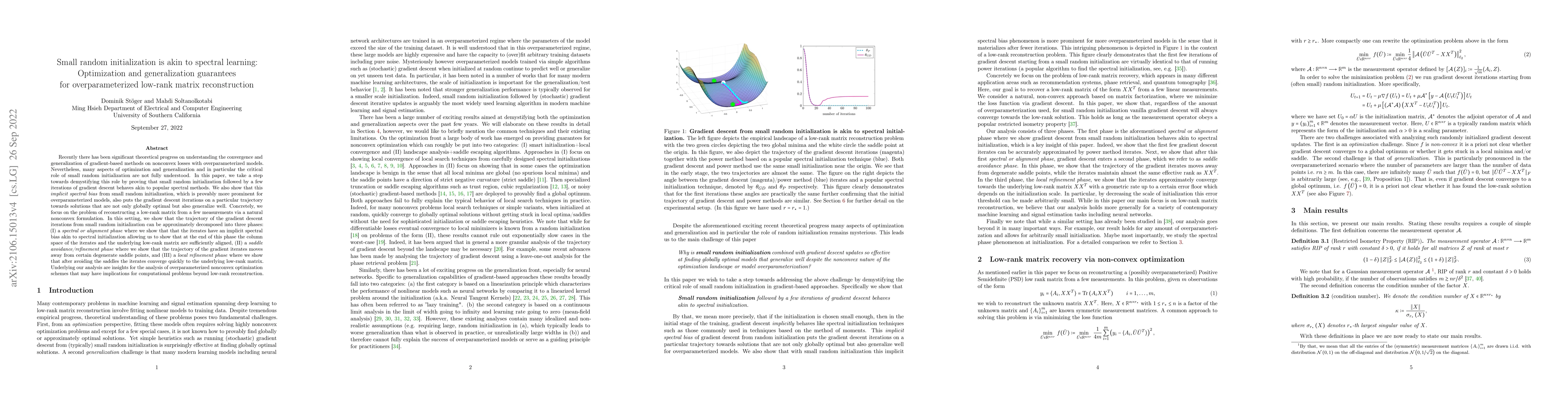 Thumbnail for Small random initialization is akin to spectral learning: Optimization
  and generalization guarantees for overparameterized low-rank matrix
  reconstruction
