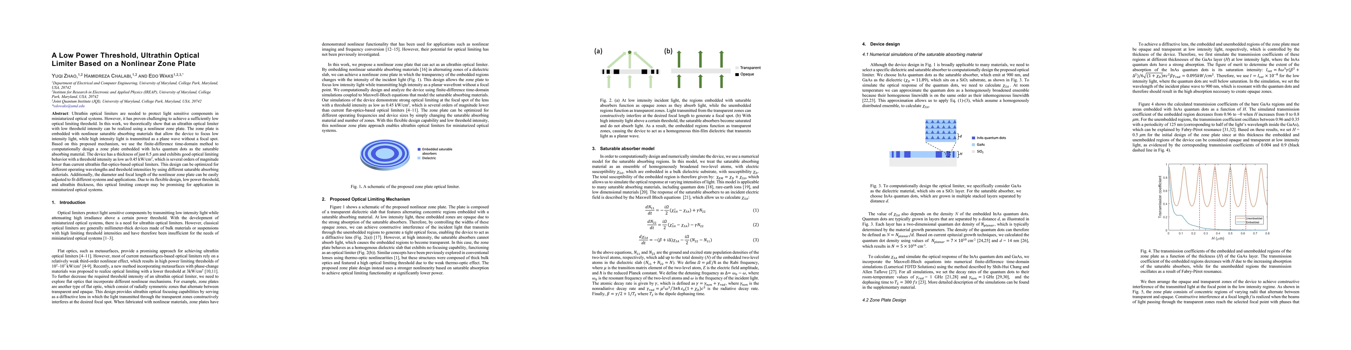 Thumbnail for A Low Power Threshold, Ultrathin Optical Limiter Based on a Nonlinear
  Zone Plate