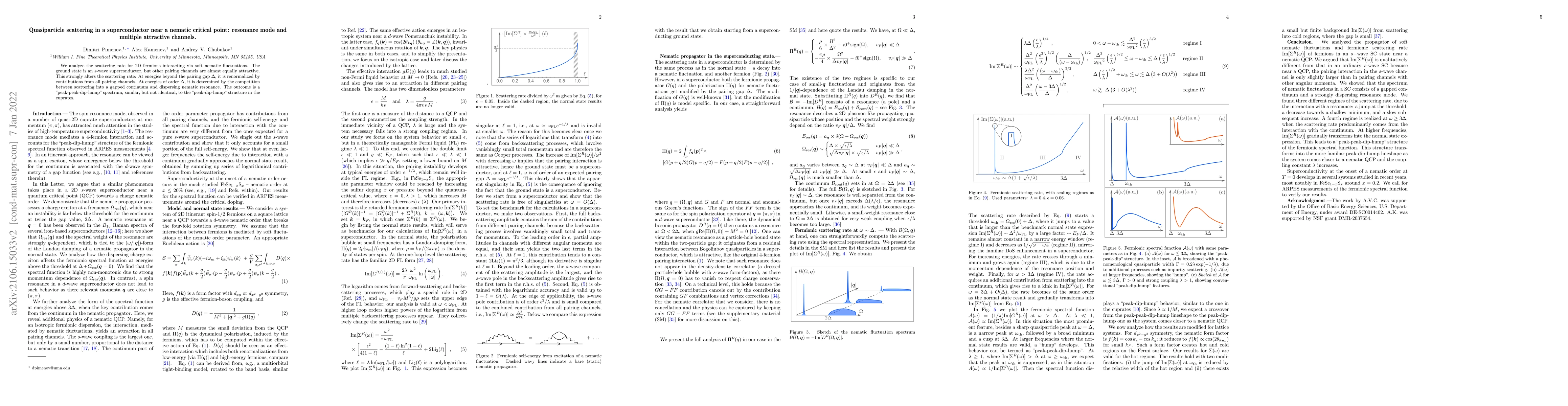 Thumbnail for Quasiparticle scattering in a superconductor near a nematic critical
  point: resonance mode and multiple attractive channels
