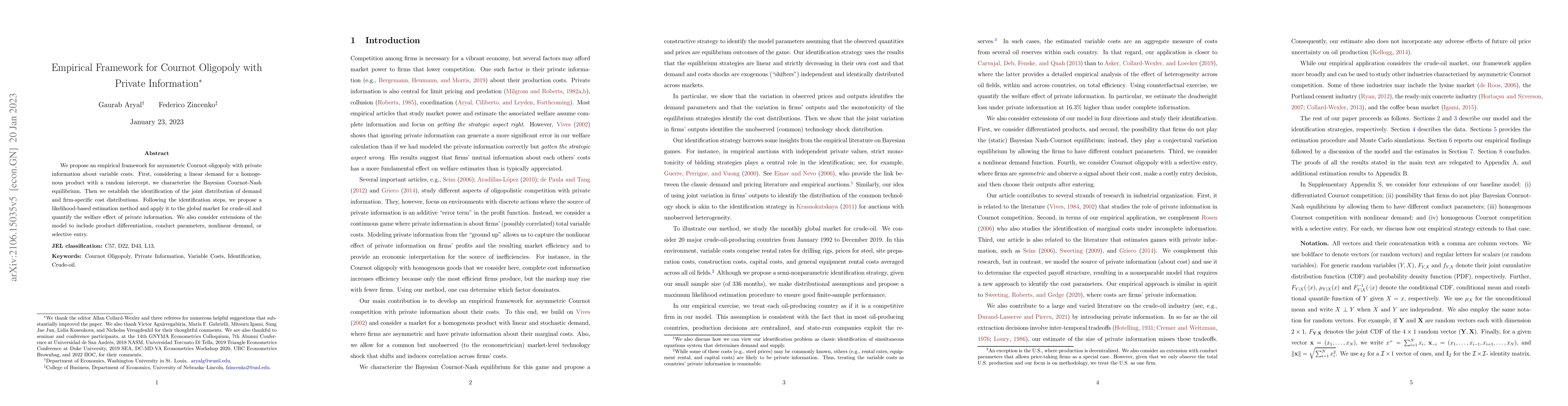 Thumbnail for Empirical Framework for Cournot Oligopoly with Private Information