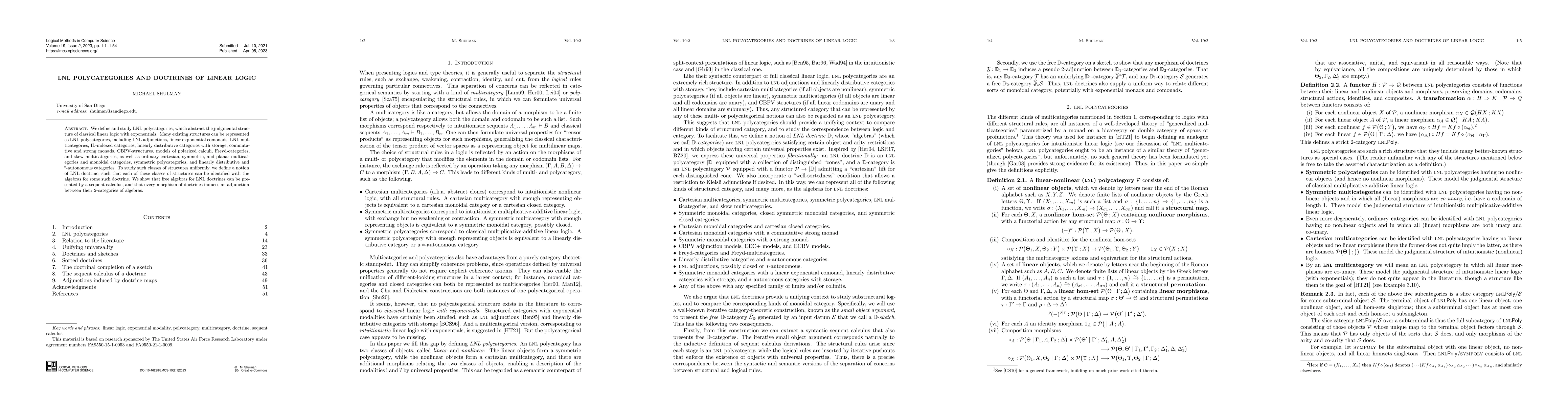 Thumbnail for LNL polycategories and doctrines of linear logic