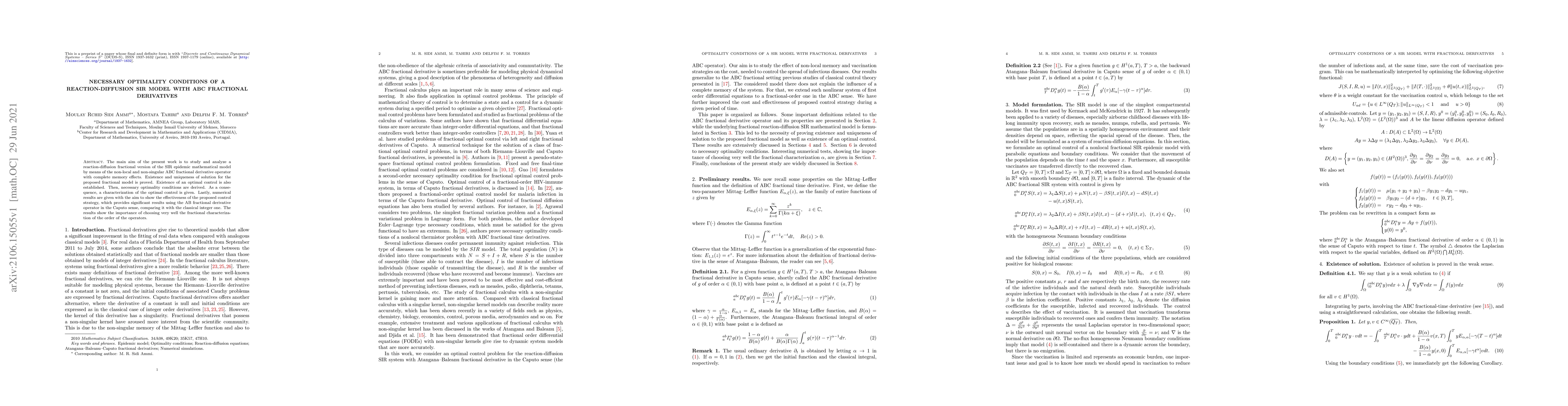 Thumbnail for Necessary optimality conditions of a reaction-diffusion SIR model with
  ABC fractional derivatives