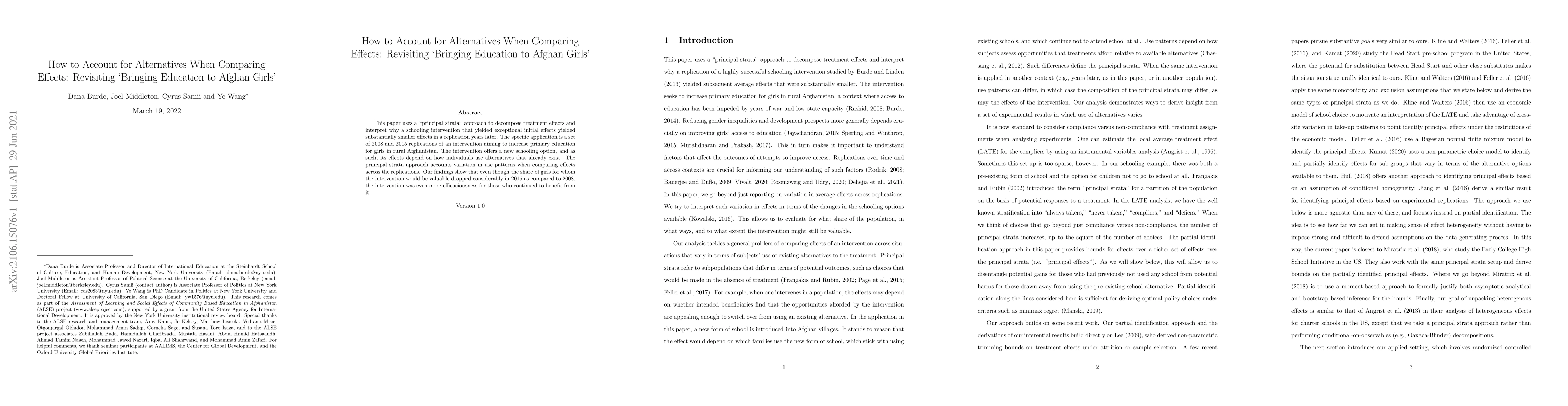 Thumbnail for How to Account for Alternatives When Comparing Effects: Revisiting
  'Bringing Education to Afghan Girls'