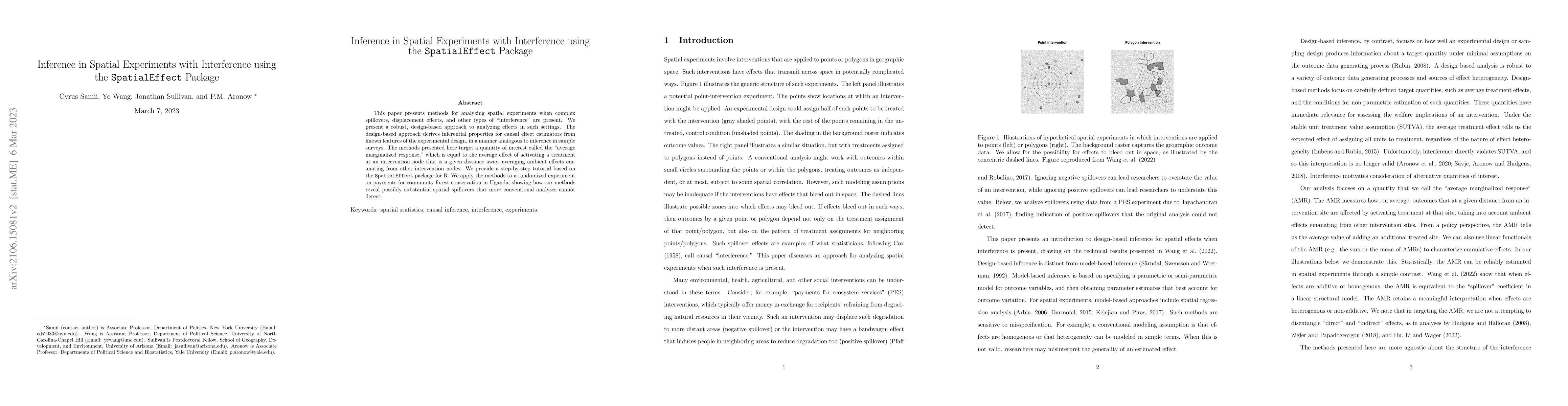 Thumbnail for Inference in Spatial Experiments with Interference using the
  SpatialEffect Package
