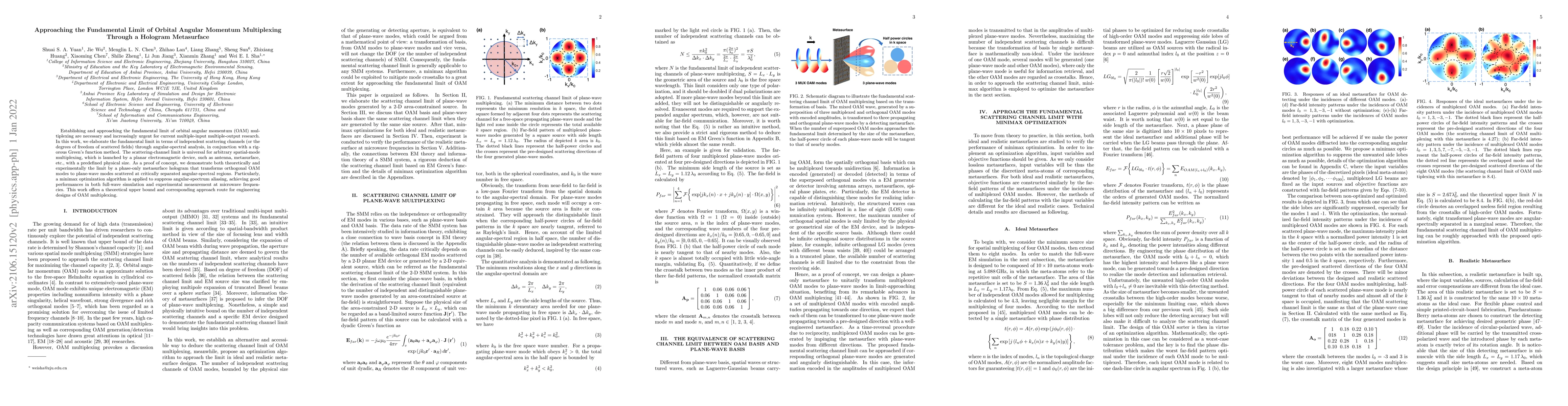 Thumbnail for Approaching the Fundamental Limit of Orbital Angular Momentum
  Multiplexing Through a Hologram Metasurface