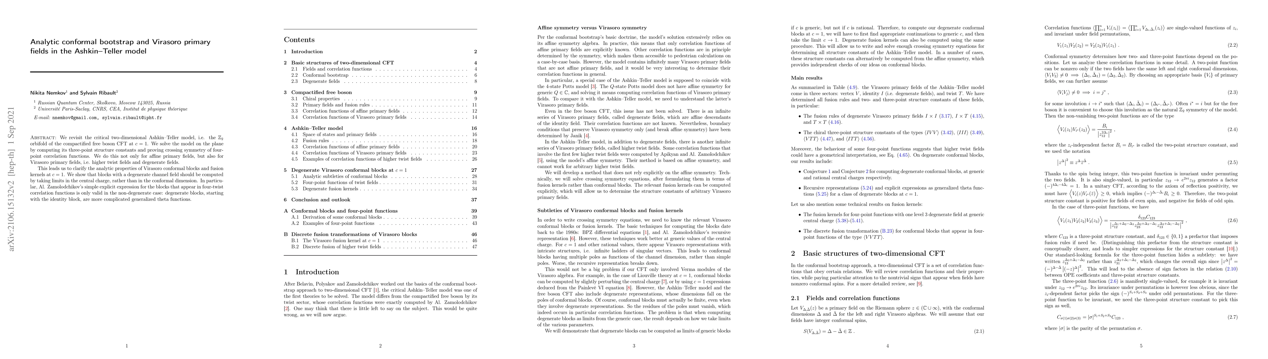 Thumbnail for Analytic conformal bootstrap and Virasoro primary fields in the
  Ashkin-Teller model