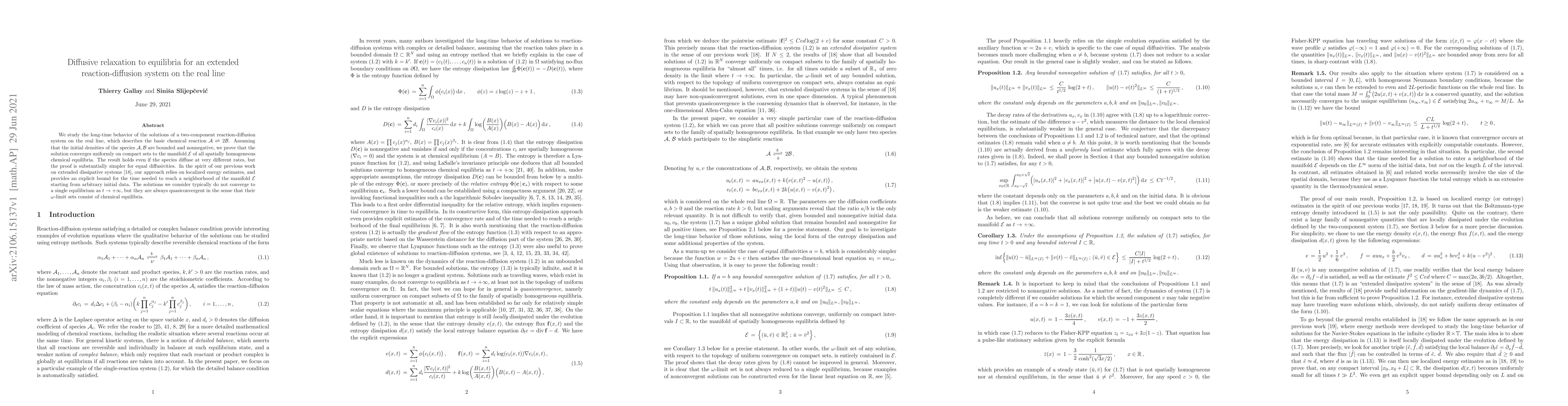 Thumbnail for Diffusive relaxation to equilibria for an extended reaction-diffusion
  system on the real line
