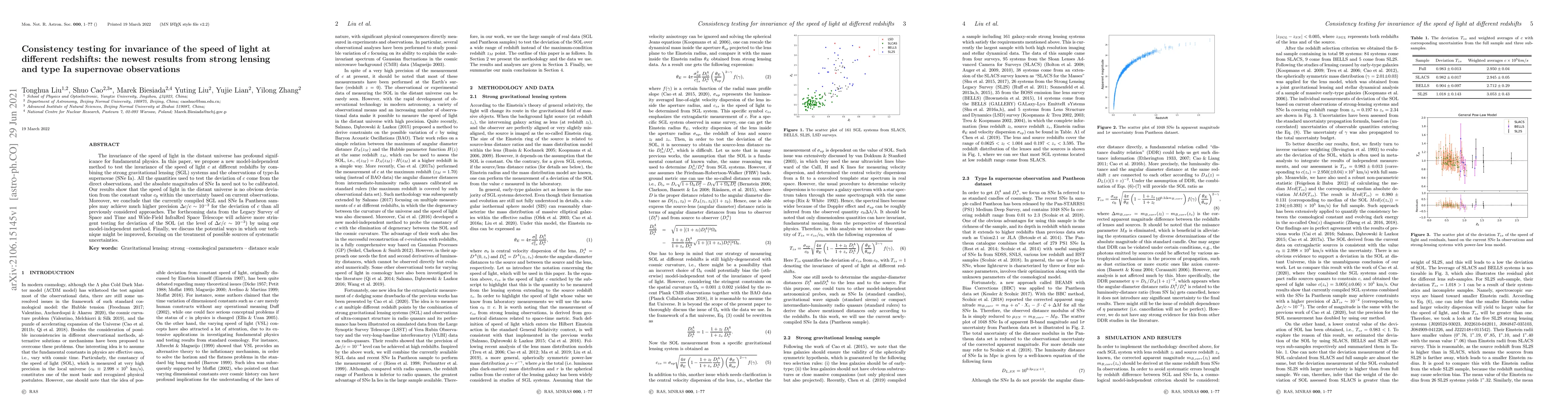 Thumbnail for Consistency testing for invariance of the speed of light at different
  redshifts: the newest results from strong lensing and type Ia supernovae
  observations