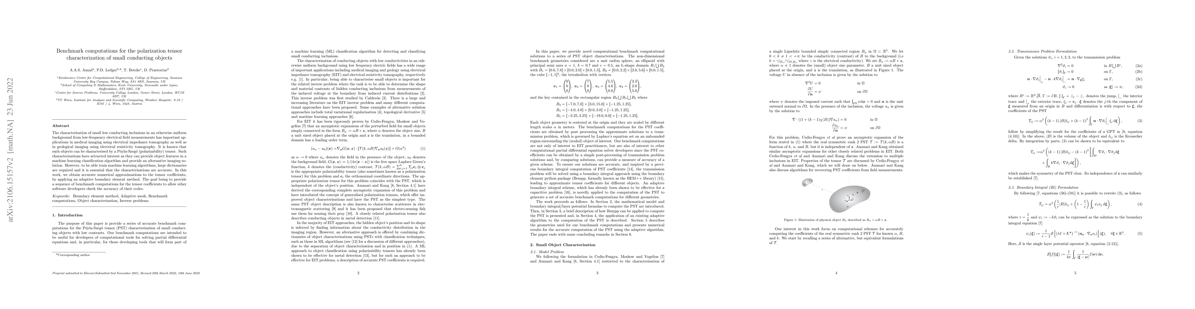 Thumbnail for Benchmark computations for the polarization tensor of small conducting
  objects