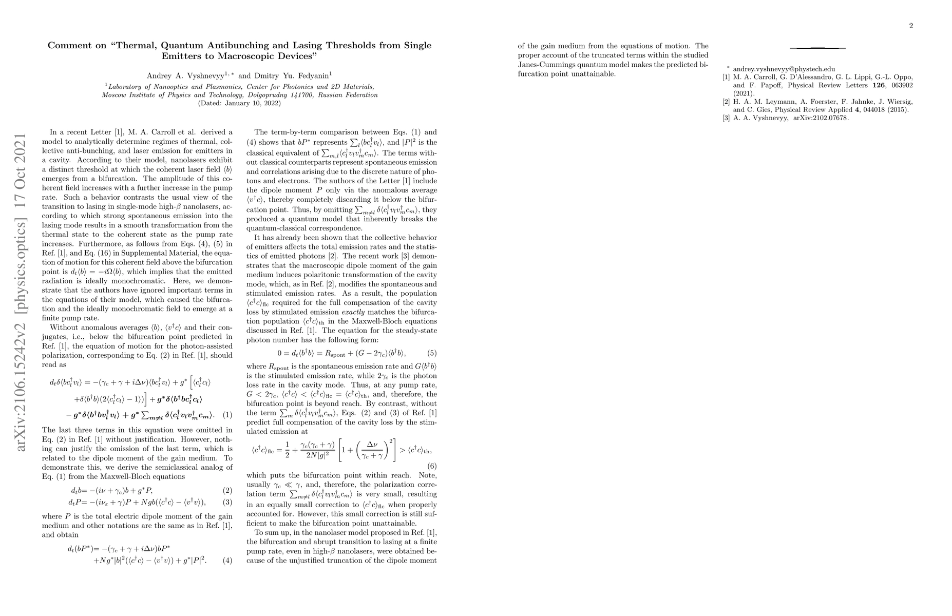 Thumbnail for Comment on "Thermal, Quantum Antibunching and Lasing Thresholds from
  Single Emitters to Macroscopic Devices"