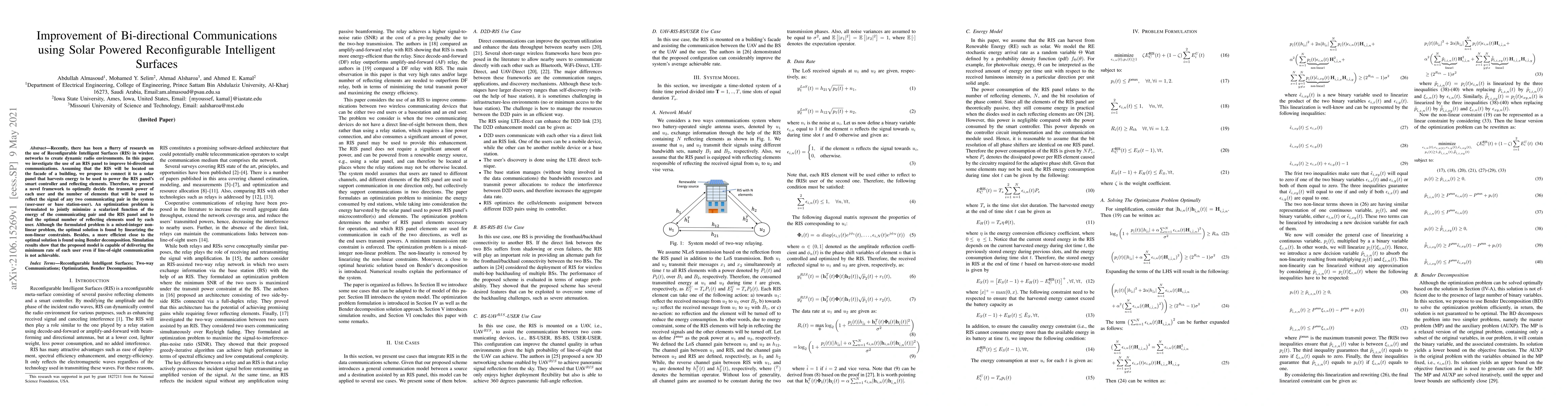 Thumbnail for Improvement of Bi-directional Communications using Solar Powered
  Reconfigurable Intelligent Surfaces