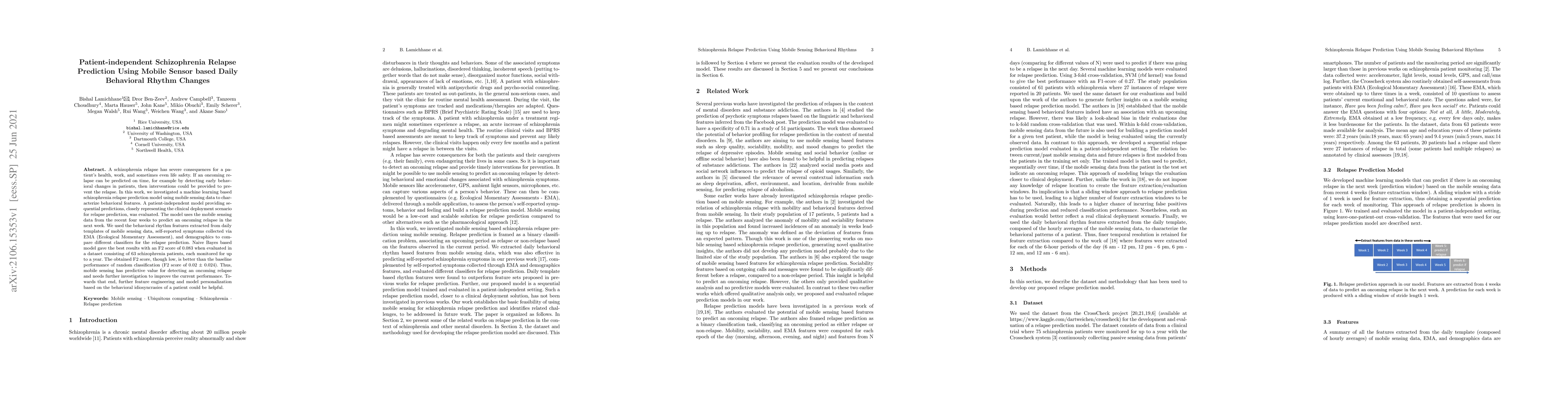 Thumbnail for Patient-independent Schizophrenia Relapse Prediction Using Mobile Sensor
  based Daily Behavioral Rhythm Changes