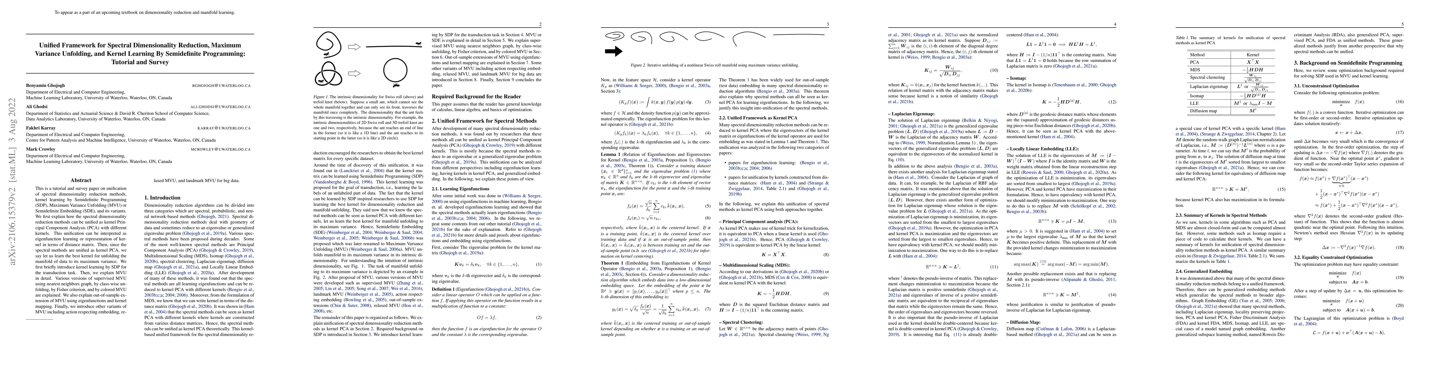 Thumbnail for Unified Framework for Spectral Dimensionality Reduction, Maximum
  Variance Unfolding, and Kernel Learning By Semidefinite Programming: Tutorial
  and Survey