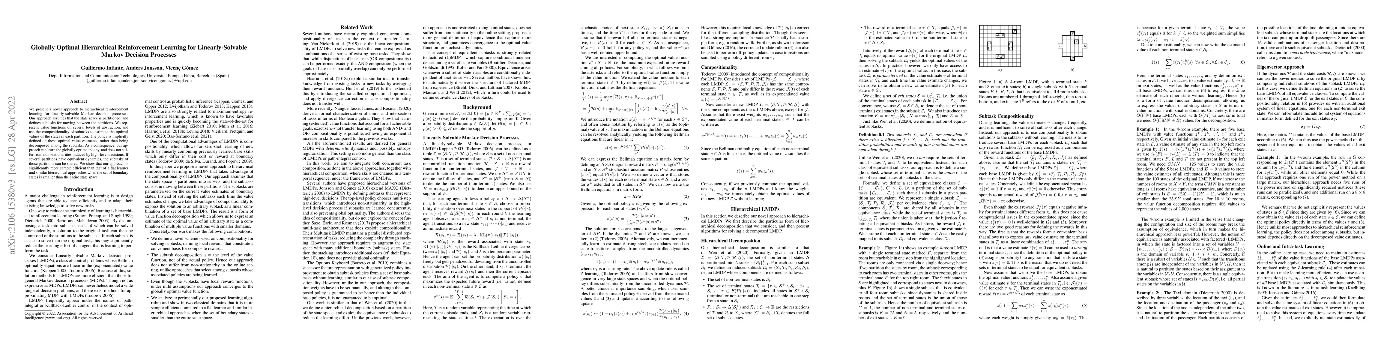 Thumbnail for Globally Optimal Hierarchical Reinforcement Learning for
  Linearly-Solvable Markov Decision Processes