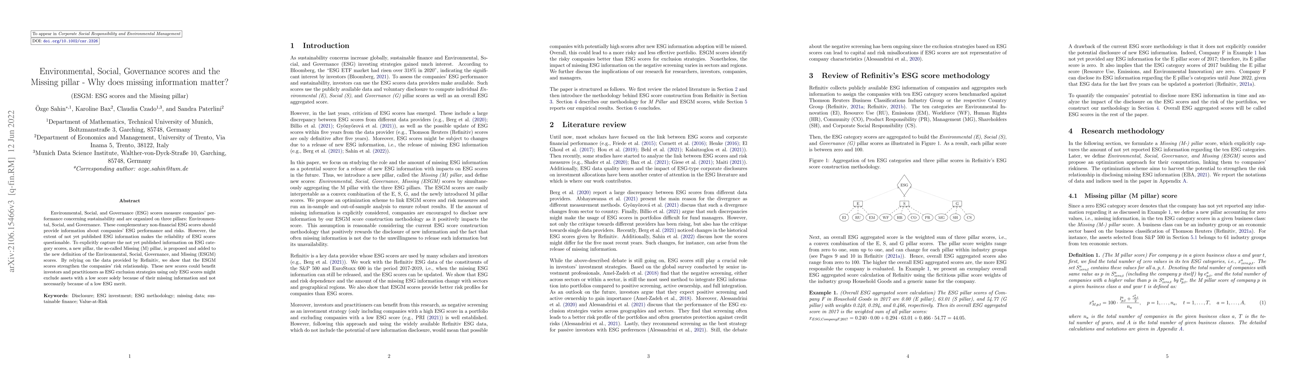 Thumbnail for Environmental, Social, Governance scores and the Missing pillar -- Why
  does missing information matter?
