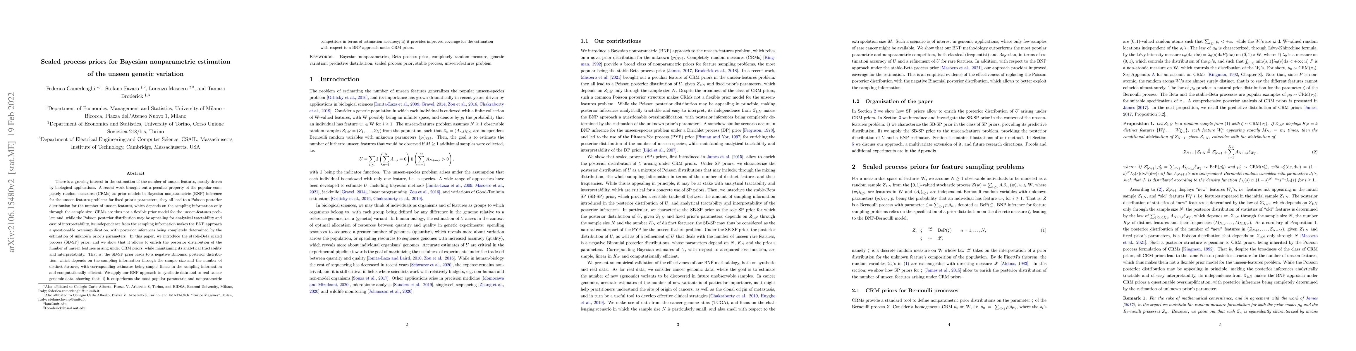 Thumbnail for Scaled process priors for Bayesian nonparametric estimation of the
  unseen genetic variation