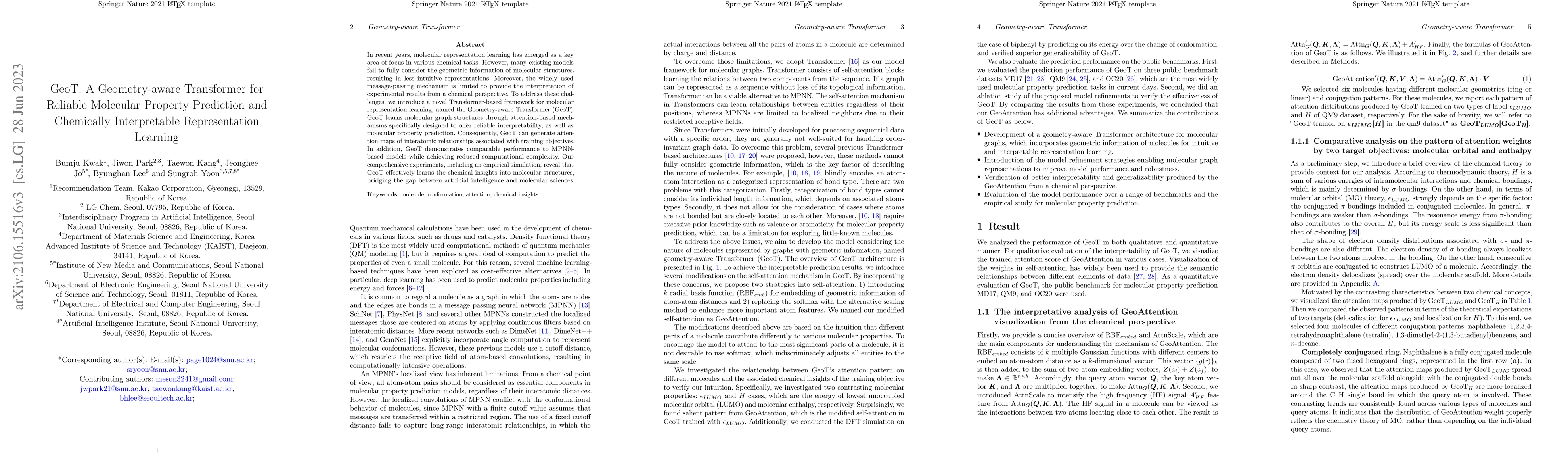 Thumbnail for GeoT: A Geometry-aware Transformer for Reliable Molecular Property
  Prediction and Chemically Interpretable Representation Learning
