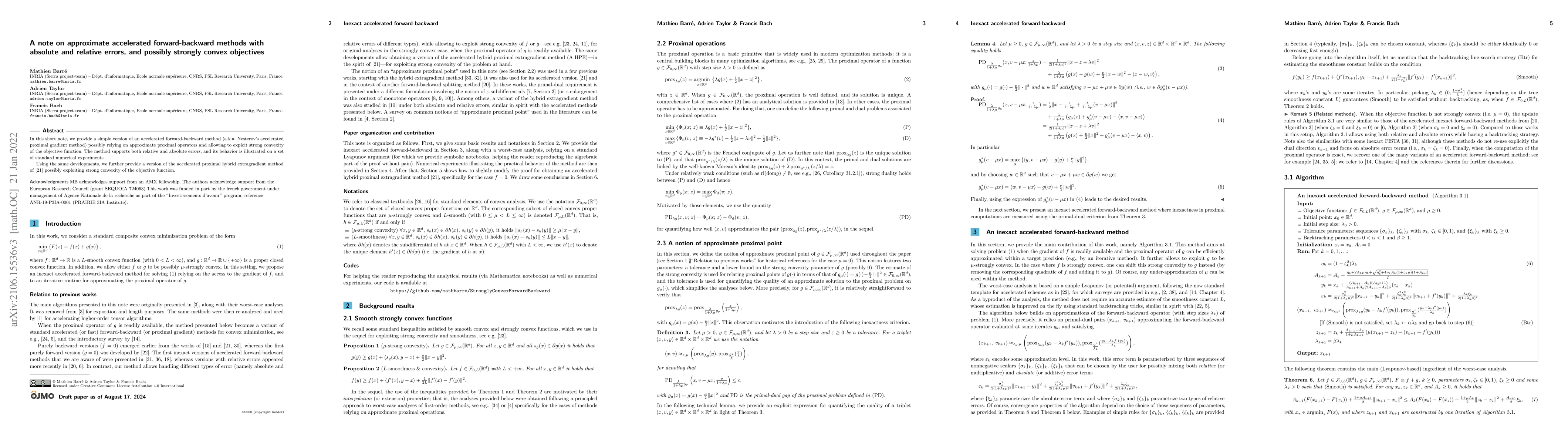 Thumbnail for A note on approximate accelerated forward-backward methods with absolute
  and relative errors, and possibly strongly convex objectives