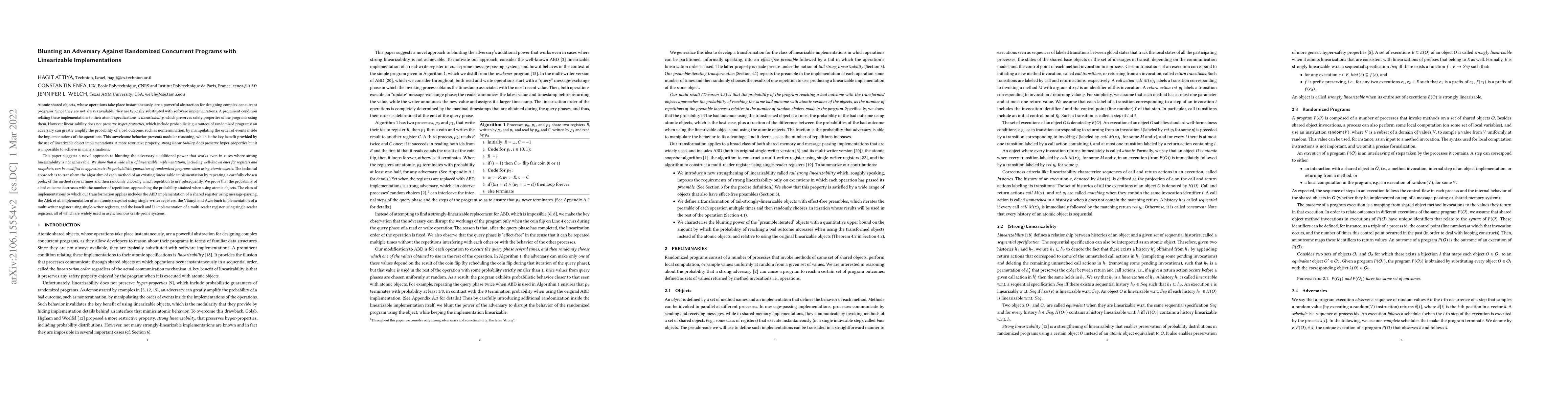 Thumbnail for Blunting an Adversary Against Randomized Concurrent Programs with
  Linearizable Implementations