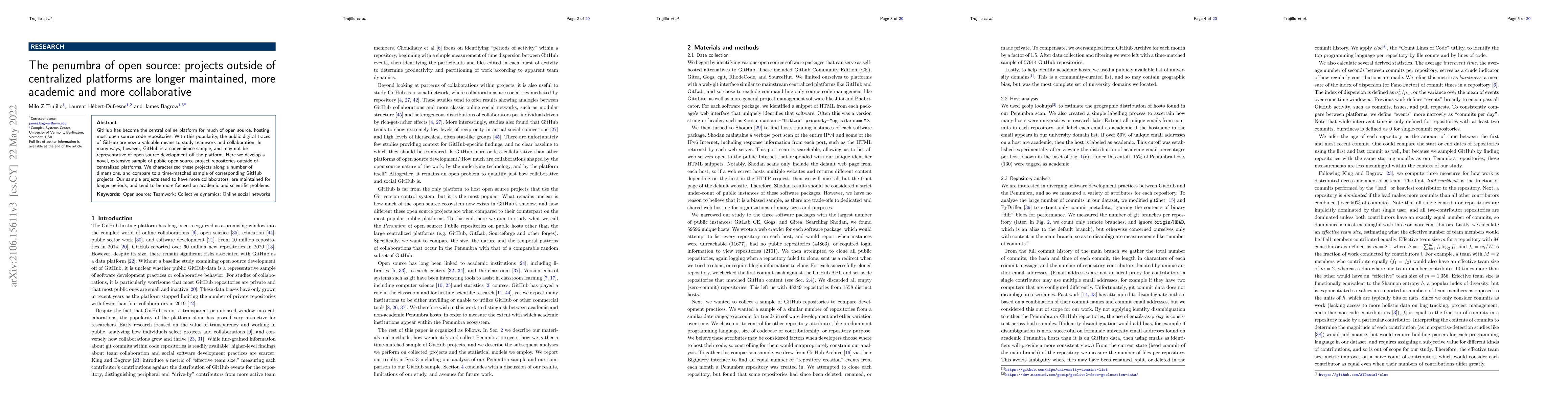 Thumbnail for The penumbra of open source: projects outside of centralized platforms
  are longer maintained, more academic and more collaborative