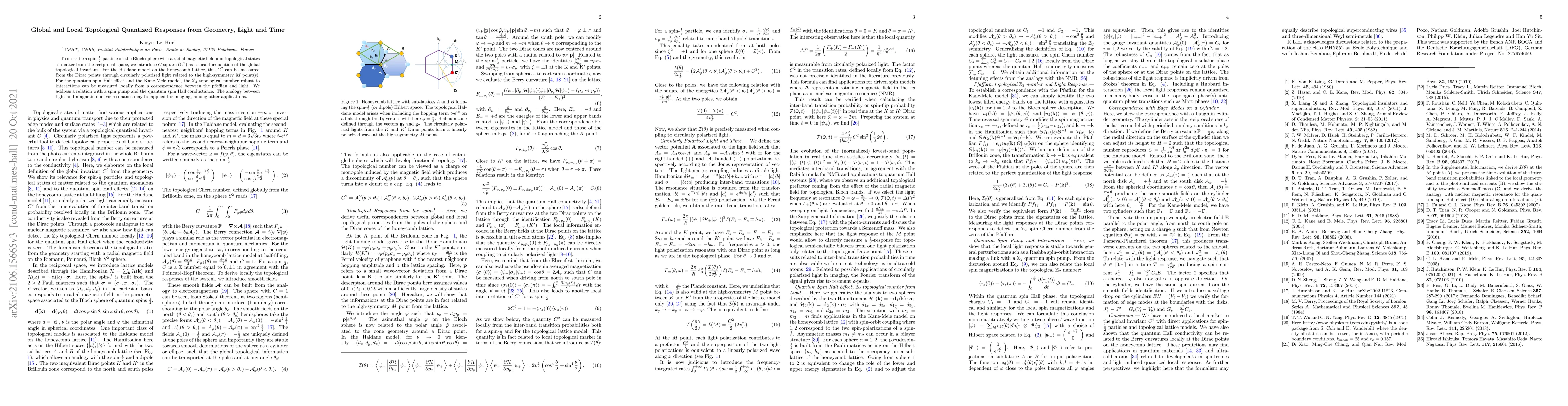 Thumbnail for Global and Local Topological Quantized Responses from Geometry, Light
  and Time