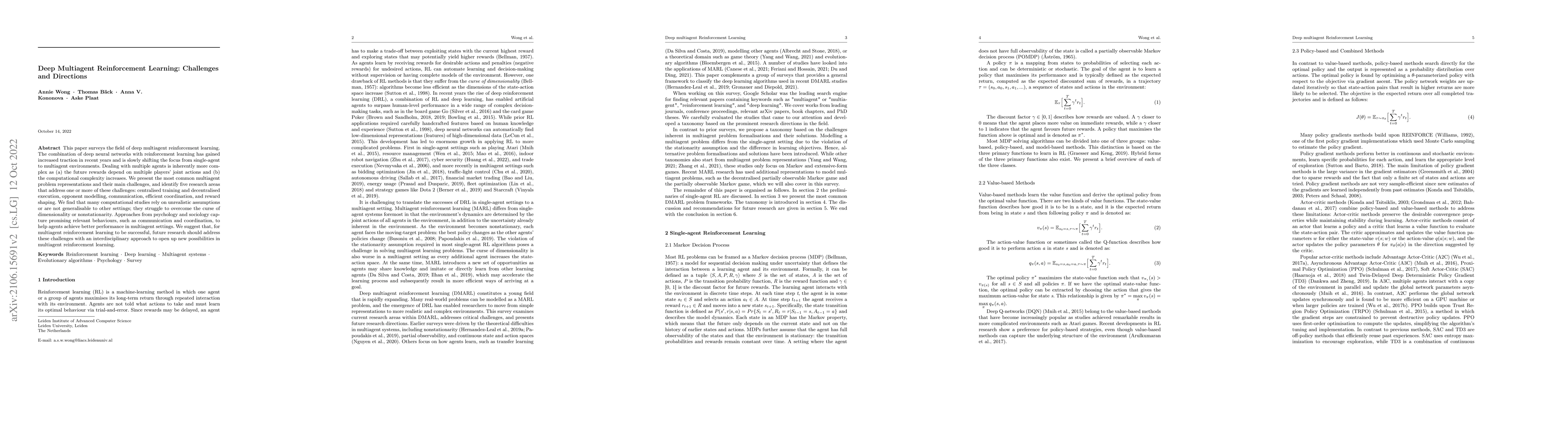 Thumbnail for Deep Multiagent Reinforcement Learning: Challenges and Directions