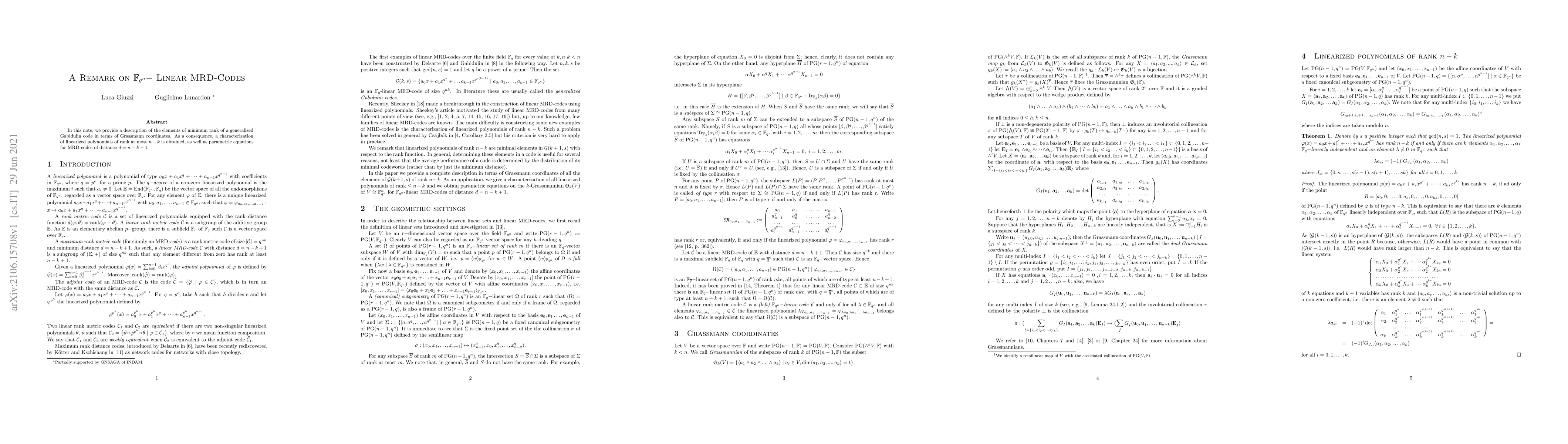 Thumbnail for A remark on ${\mathbb F}_{q^n}$-Linear MRD codes