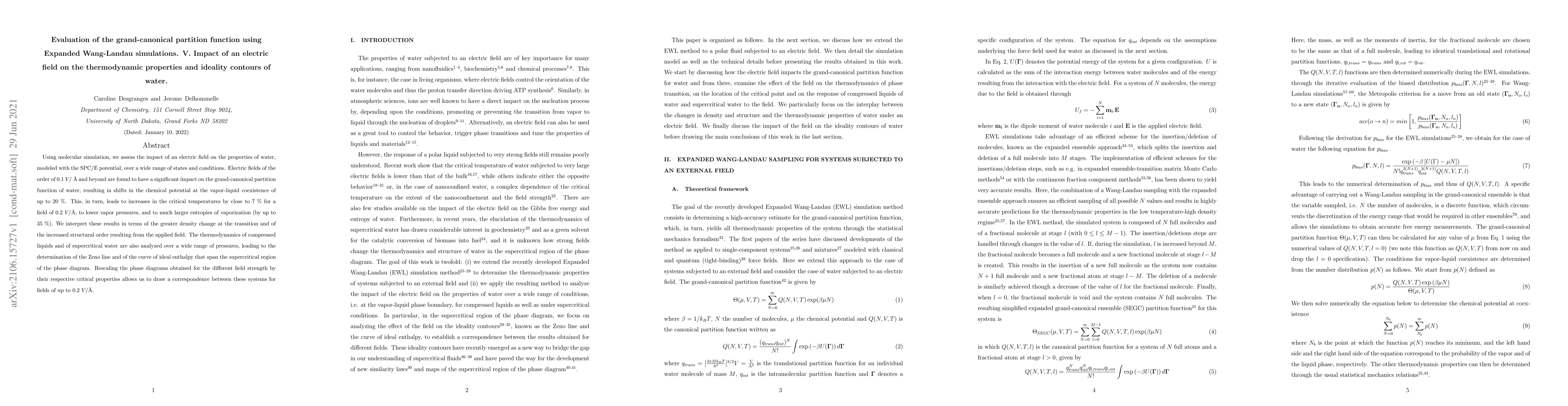 Thumbnail for Evaluation of the grand-canonical partition function using Expanded
  Wang-Landau simulations. V. Impact of an electric field on the thermodynamic
  properties and ideality contours of water