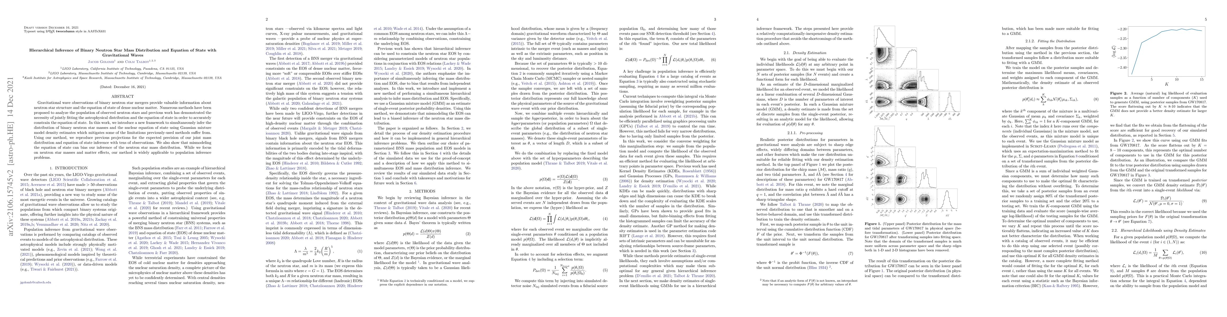 Thumbnail for Hierarchical Inference of Binary Neutron Star Mass Distribution and
  Equation of State with Gravitational Waves