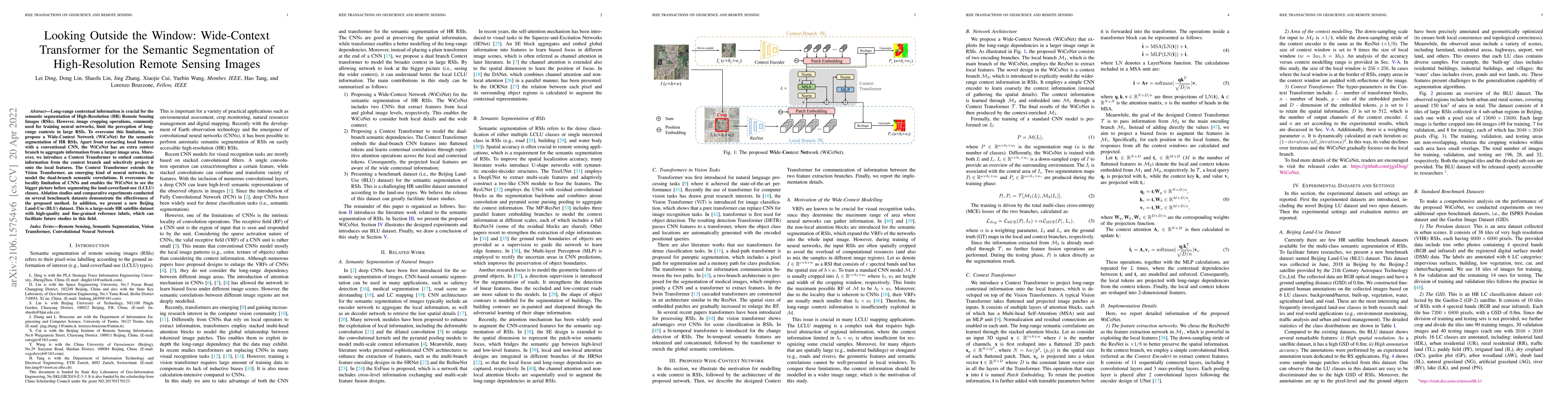 Thumbnail for Looking Outside the Window: Wide-Context Transformer for the Semantic
  Segmentation of High-Resolution Remote Sensing Images