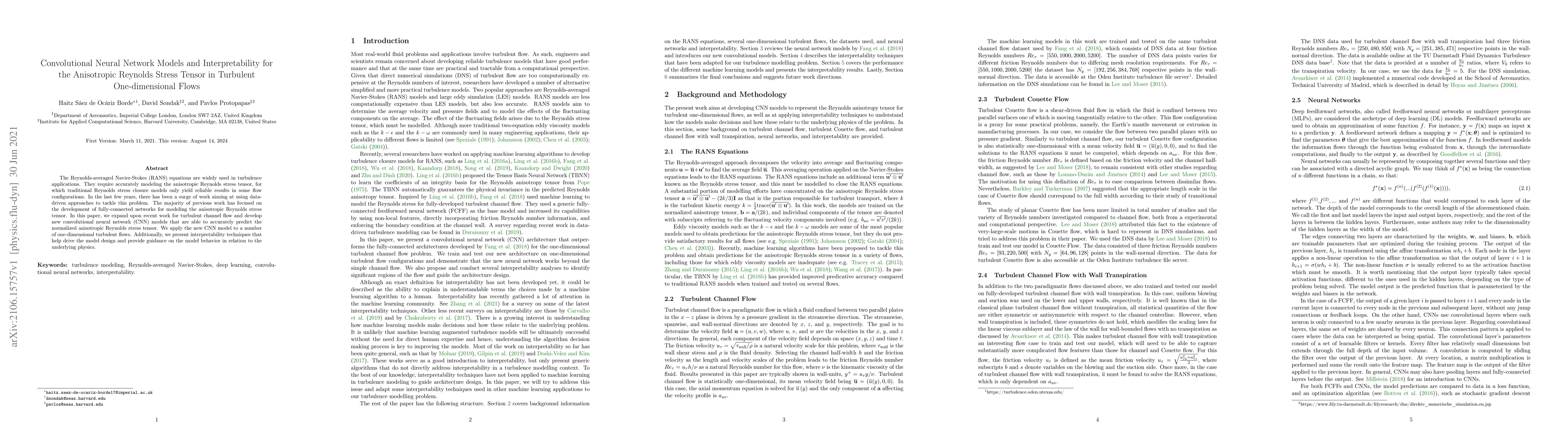 Thumbnail for Convolutional Neural Network Models and Interpretability for the
  Anisotropic Reynolds Stress Tensor in Turbulent One-dimensional Flows