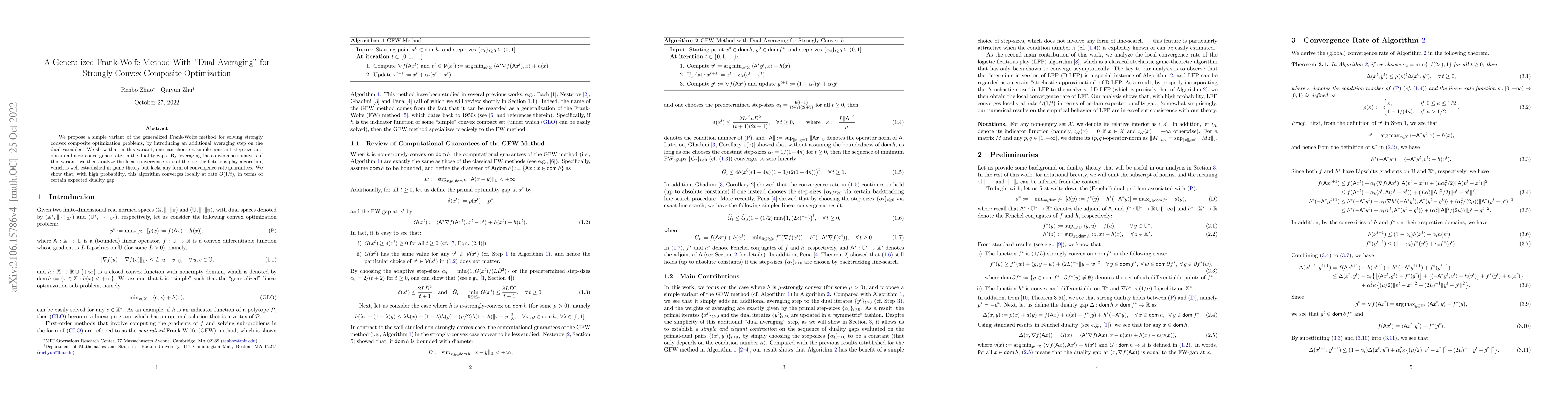 Thumbnail for A Generalized Frank-Wolfe Method With "Dual Averaging" for Strongly
  Convex Composite Optimization