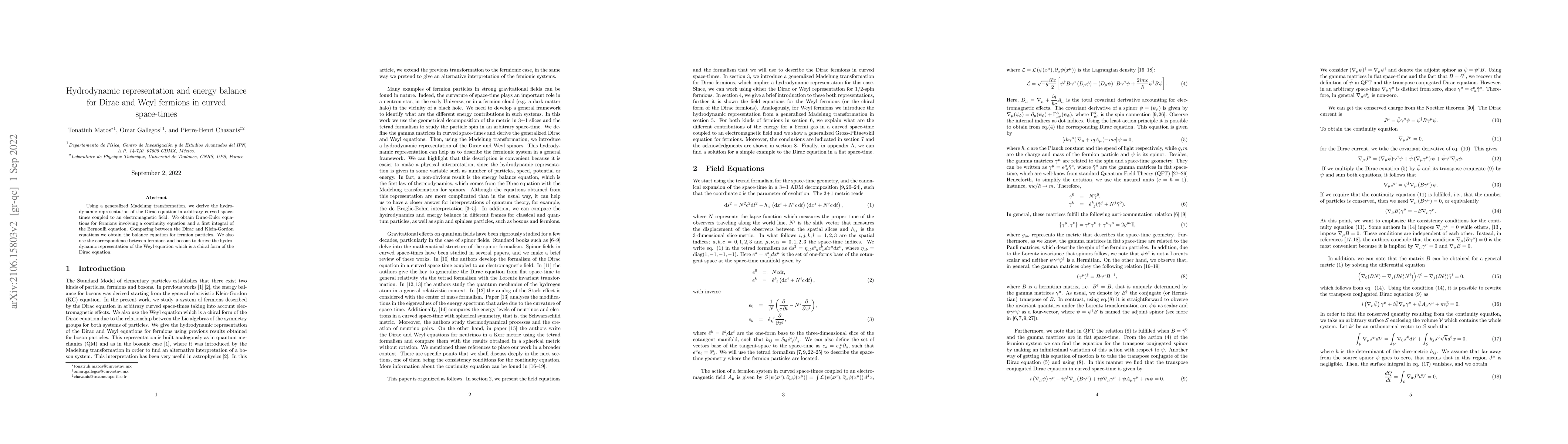 Thumbnail for Hydrodynamic representation and Energy Balance for Dirac and Weyl
  fermions in curved space-times