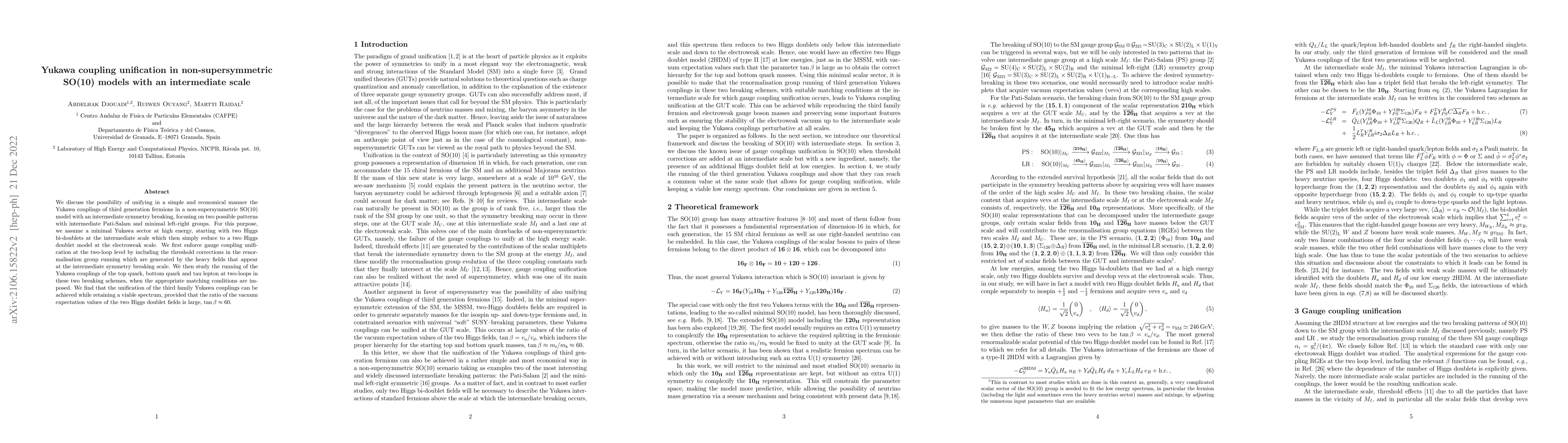 Thumbnail for Yukawa coupling unification in non-supersymmetric SO(10) models with an
  intermediate scale