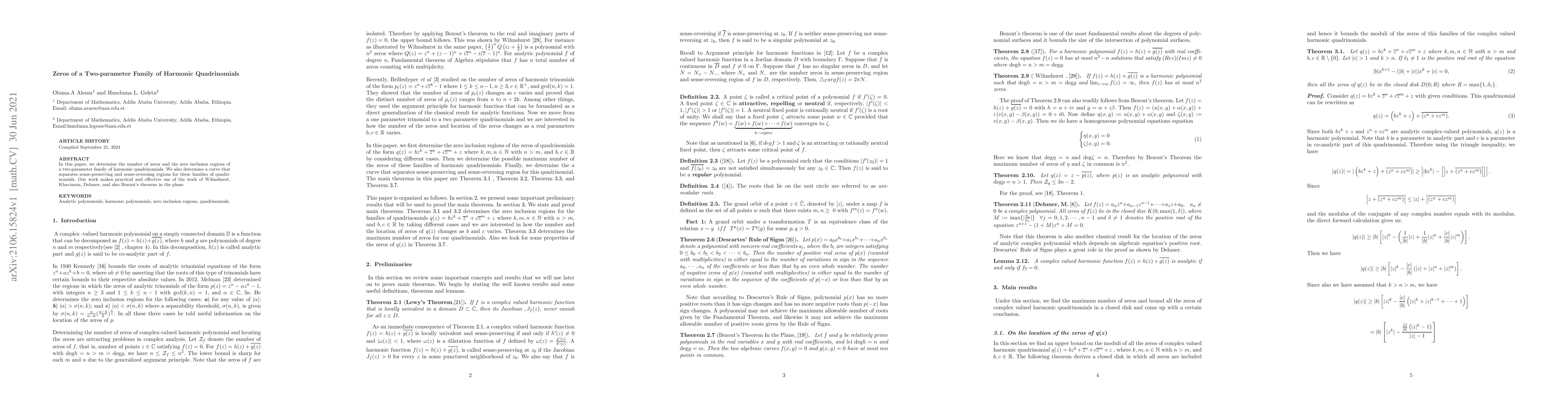 Thumbnail for Zeros of a Two-parameter Family of Harmonic Quadrinomials