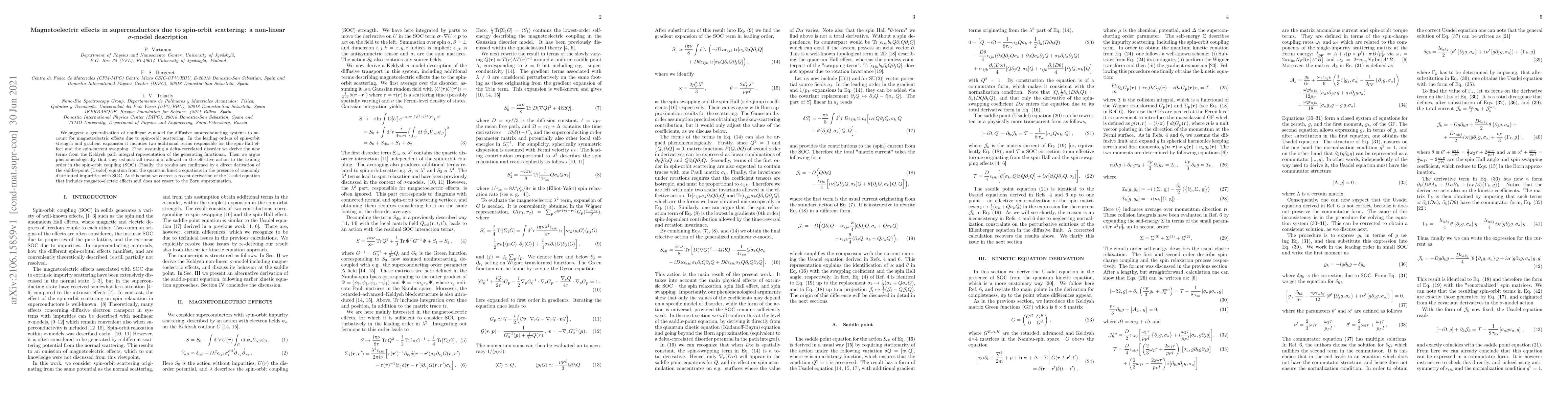 Thumbnail for Magnetoelectric effects in superconductors due to spin-orbit scattering:
  a non-linear $\sigma$-model description