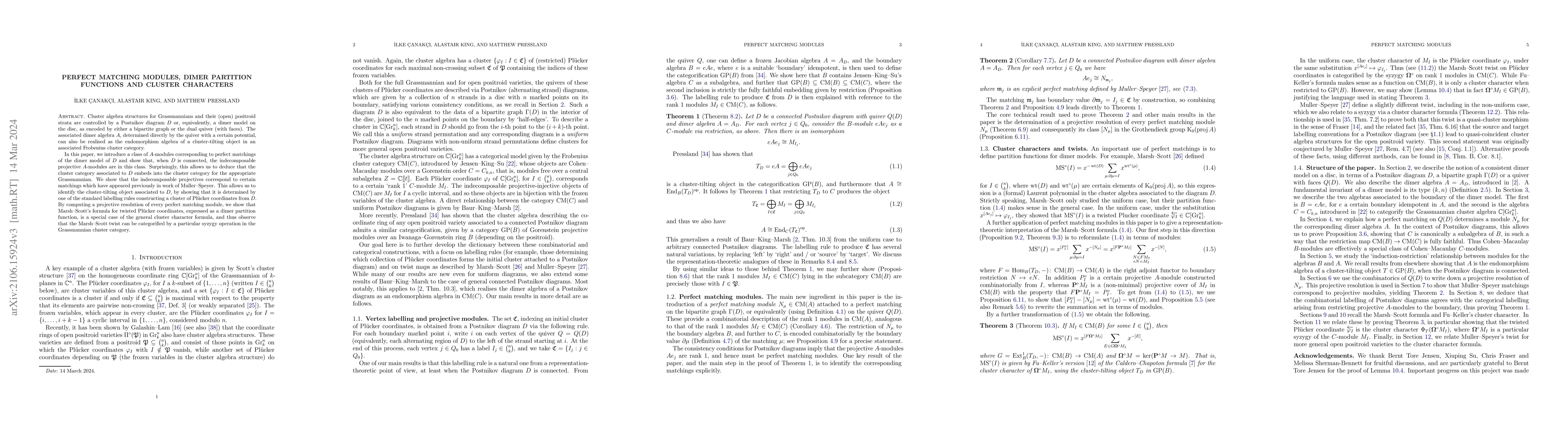 Thumbnail for Perfect matching modules, dimer partition functions and cluster
  characters