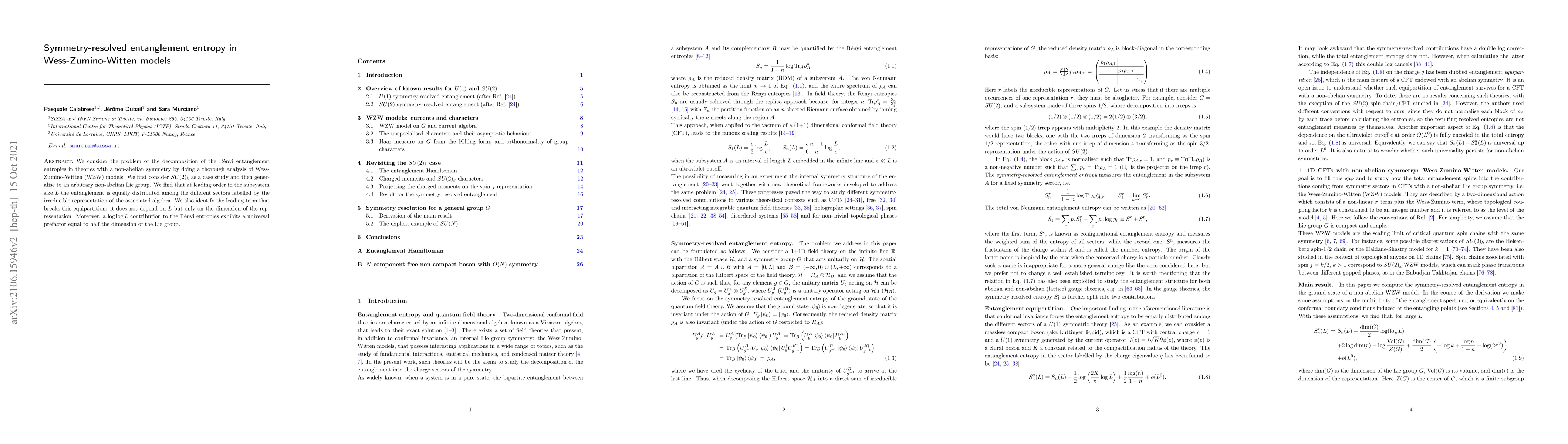 Thumbnail for Symmetry-resolved entanglement entropy in Wess-Zumino-Witten models