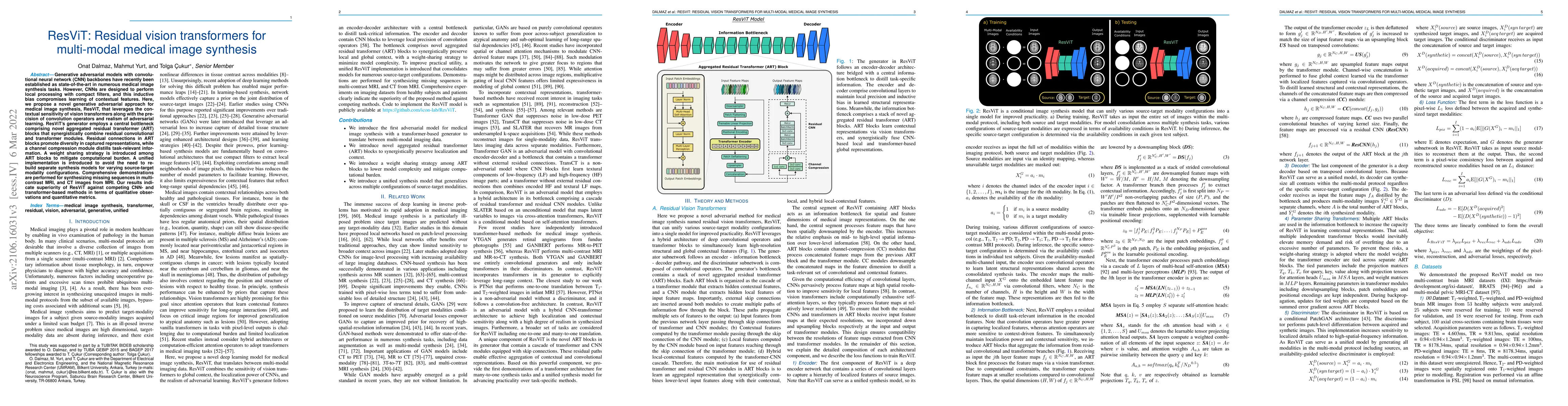 Thumbnail for ResViT: Residual vision transformers for multi-modal medical image
  synthesis
