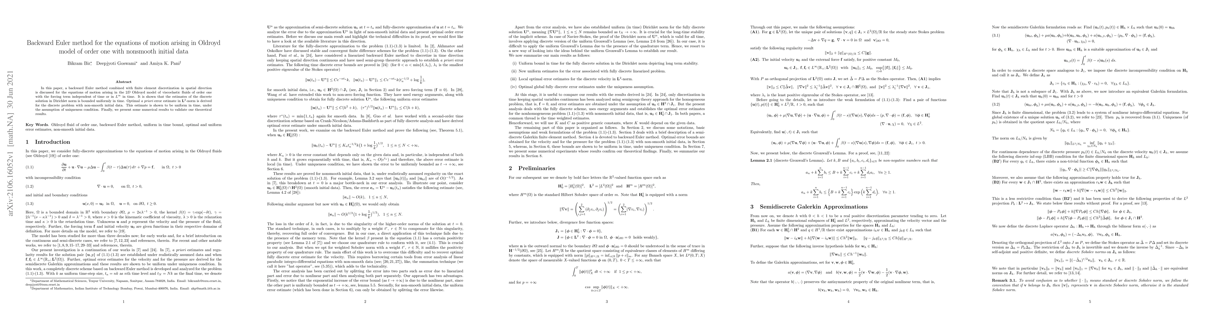 Thumbnail for Backward Euler method for the equations of motion arising in Oldroyd
  model of order one with nonsmooth initial data