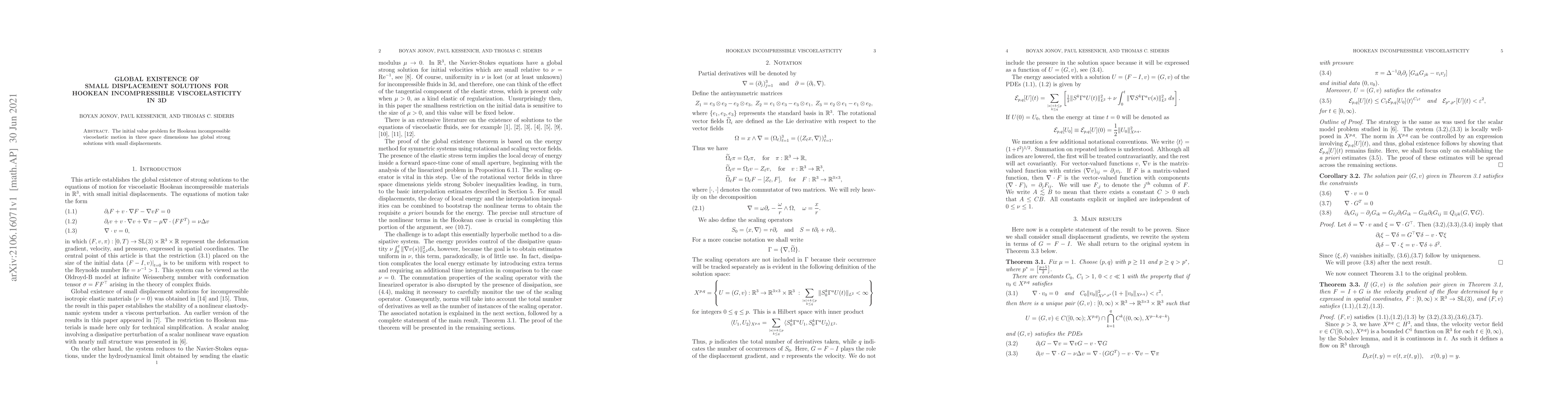 Thumbnail for Global existence of small displacement solutions for Hookean
  incompressible viscoelasticity in 3D