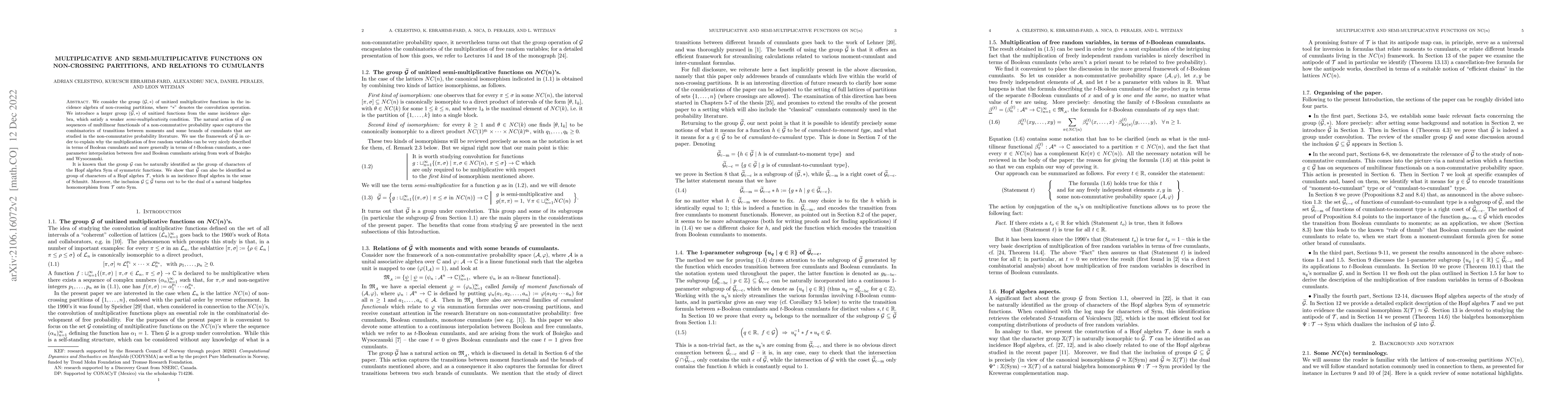 Thumbnail for Multiplicative and semi-multiplicative functions on non-crossing
  partitions, and relations to cumulants