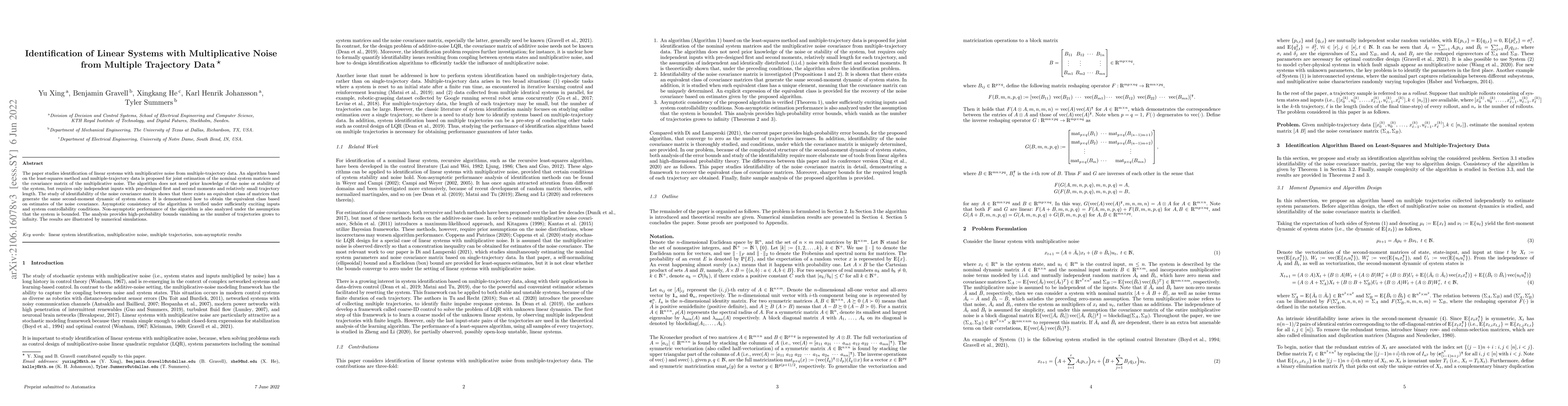 Thumbnail for Identification of Linear Systems with Multiplicative Noise from Multiple
  Trajectory Data
