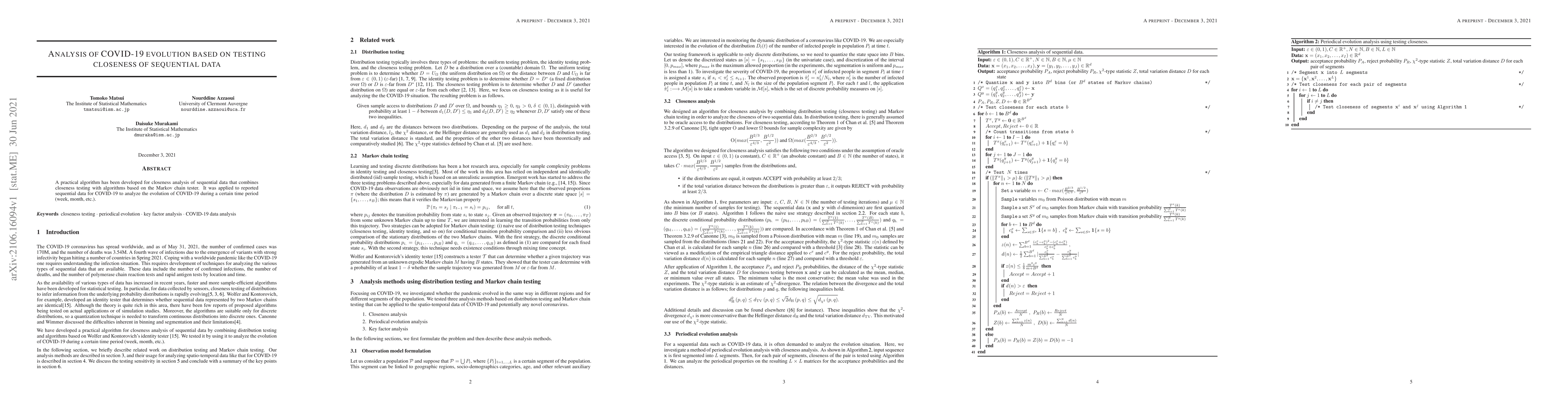 Thumbnail for Analysis of COVID-19 evolution based on testing closeness of sequential
  data