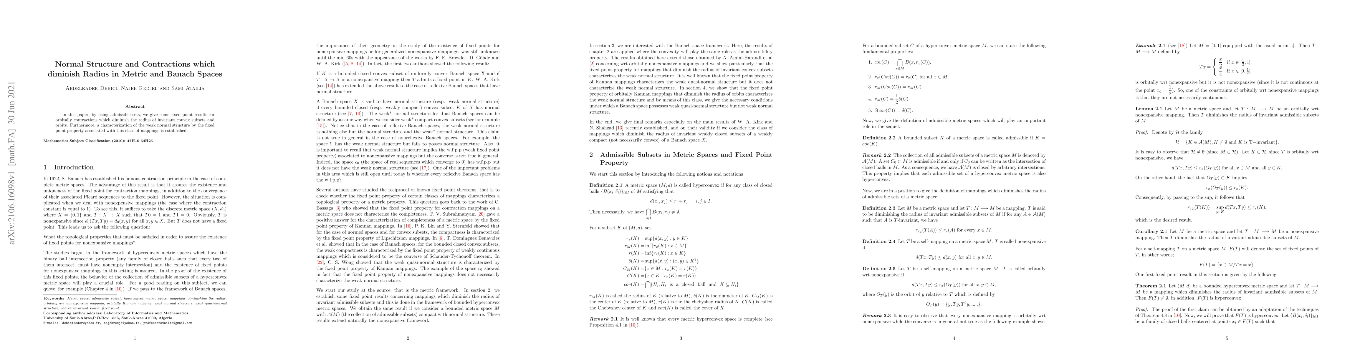 Thumbnail for Normal Structure and Contractions which diminish Radius in Metric and
  Banach Spaces