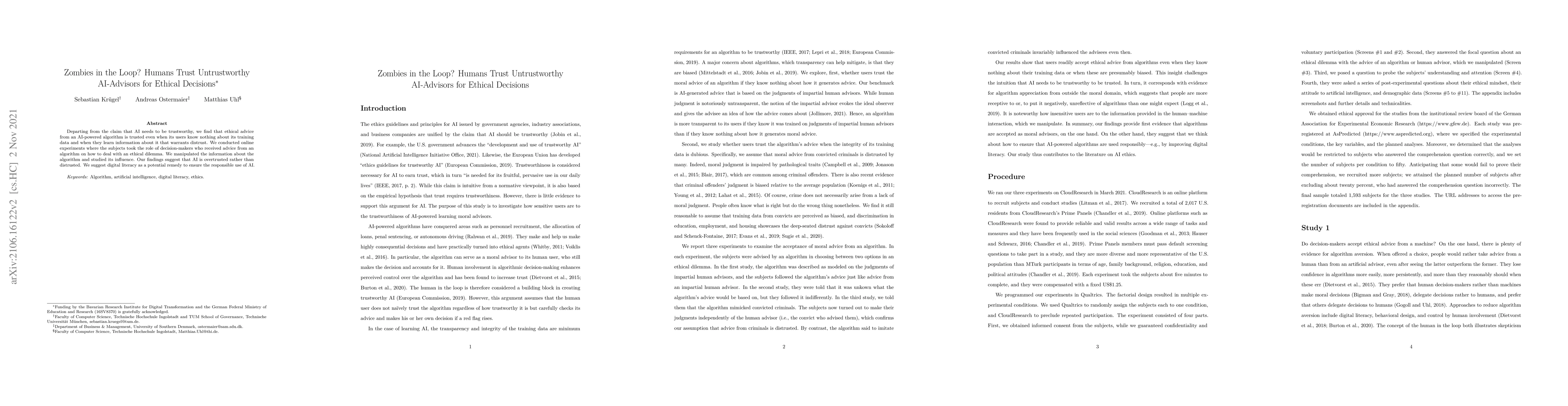 Thumbnail for Zombies in the Loop? Humans Trust Untrustworthy AI-Advisors for Ethical
  Decisions